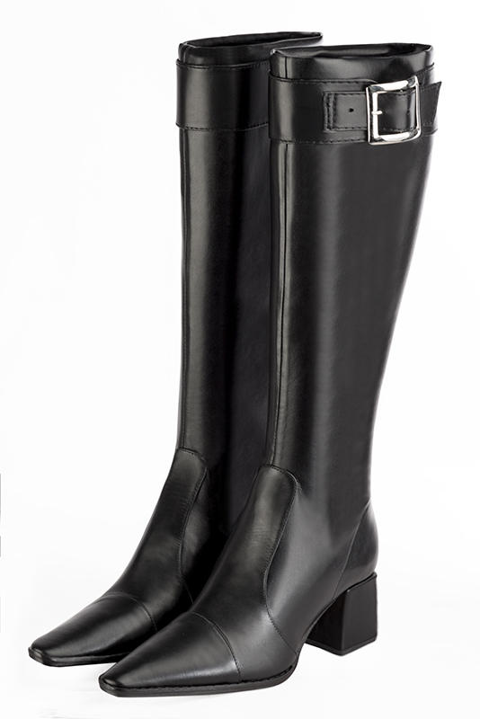Satin black women's feminine knee-high boots. Tapered toe. Medium block heels. Made to measure. Worn view - Florence KOOIJMAN